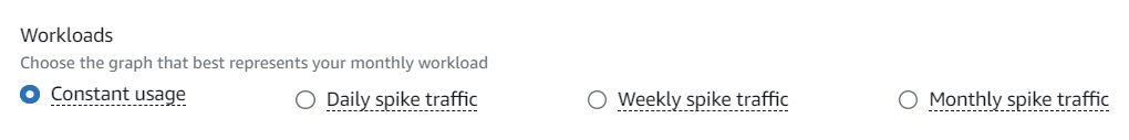 A screenshot of the "workload" choice selector box in the AWS EC2 cost calculator